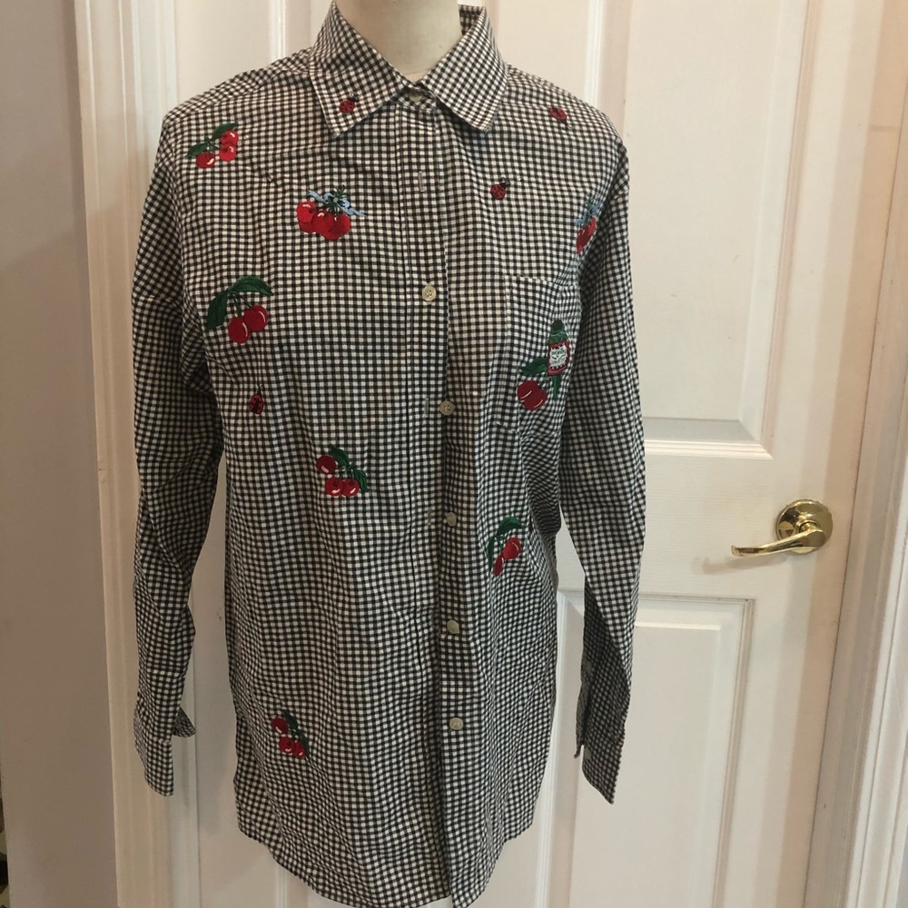 Vtg Quacker Factory ladybug and cherries embroidered shirt size S